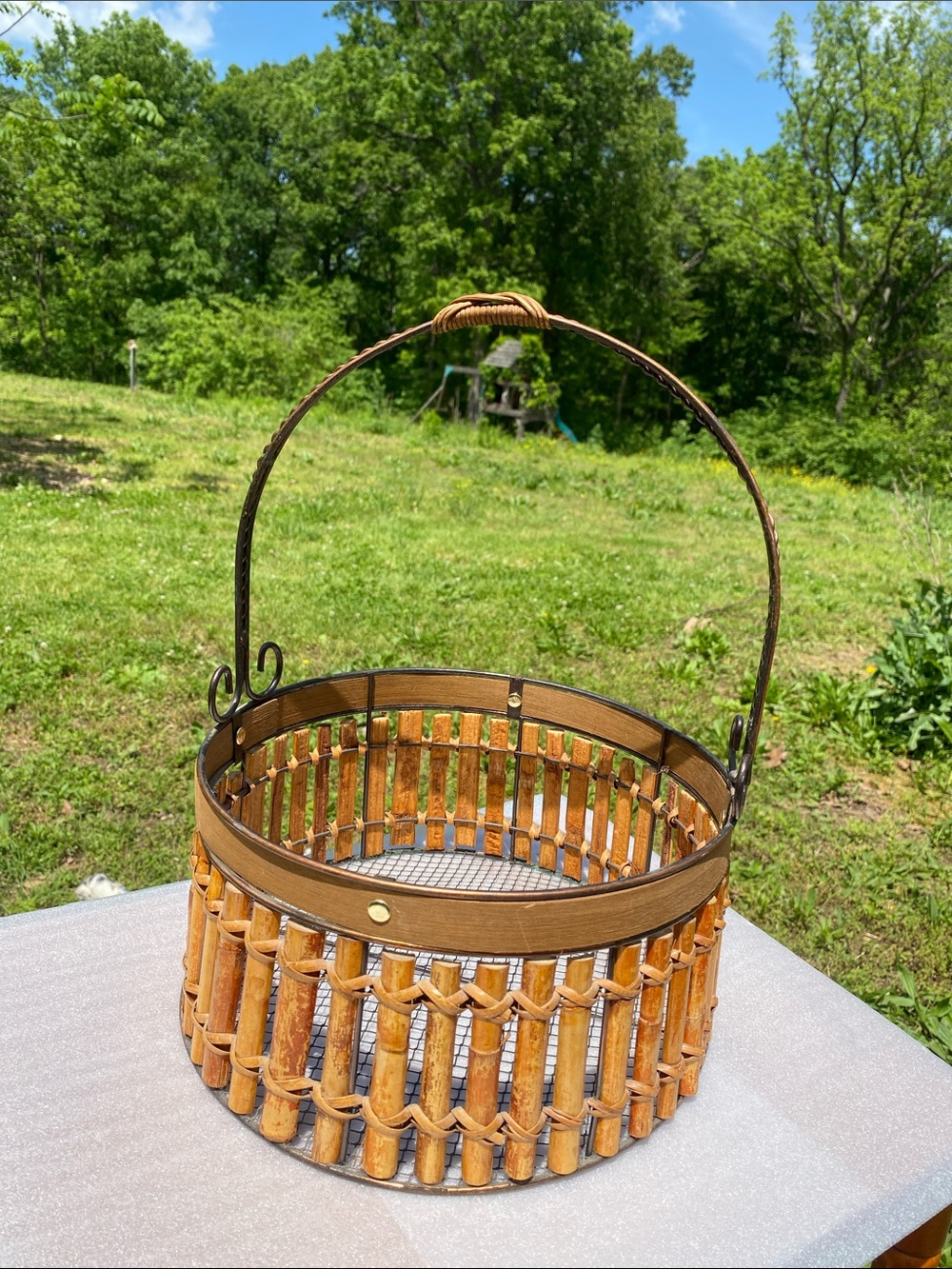 Vintage Woven Bamboo and Copper Accent Basket 5" X 10" X 13" Bohemian-Style